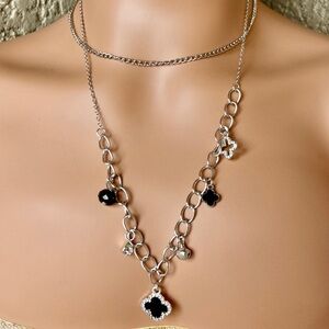 Trendy Silver Layered Black Clover Charm Necklace